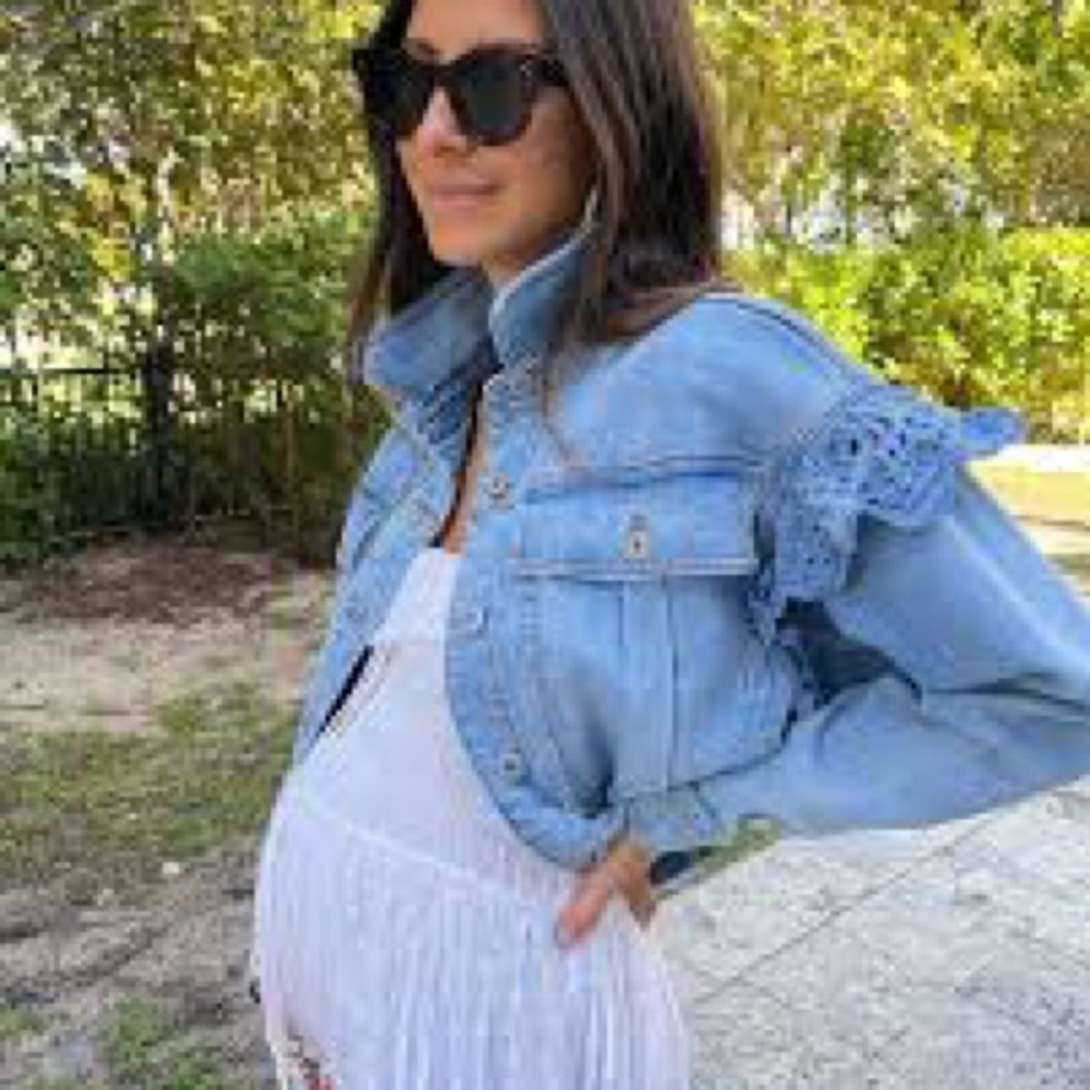 Something Navy Blue Cropped Jean Jacket with Ruffle Detail